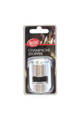 A stainless steel Champagne bottle sealer is sealed in its original black and clear plastic packaging. The label reads TableCraft Champagne Stopper and shows a champagne bottle in the background. The packaging hangs against a plain white background.