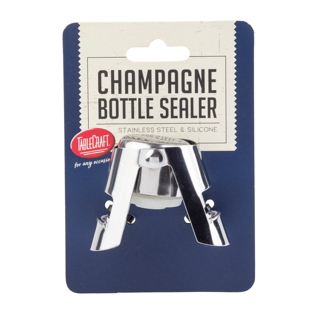 A silver stainless steel and silicone Champagne bottle sealer, which is dishwasher safe, is attached to blue and white packaging labeled “Champagne Bottle Sealer.” The “TableCraft” logo appears on the left, framed by a decorative border.