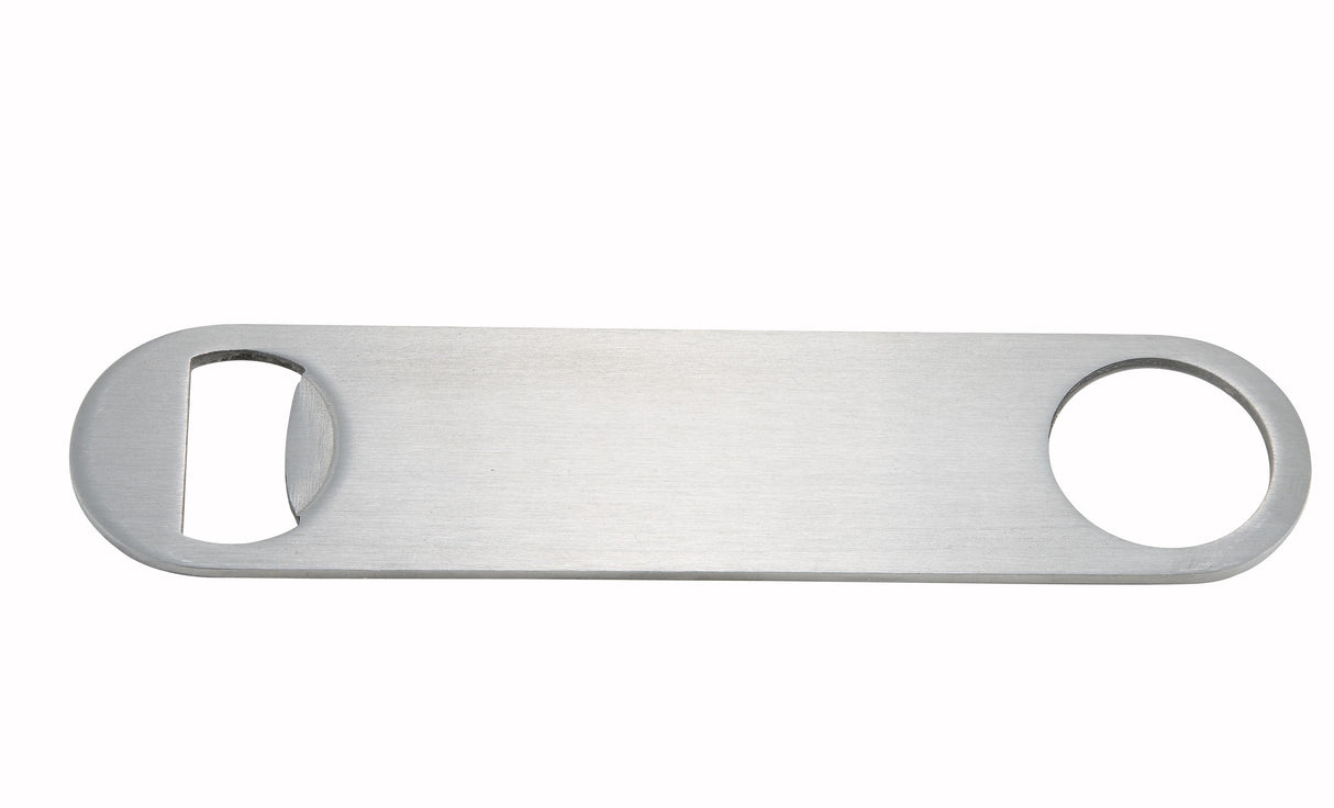 A flat, rectangular pocket bottle opener made from stainless steel with a brushed finish. It features a semicircular opening for bottles and a round hole for hanging or gripping. Simple, utilitarian, and dishwasher safe.