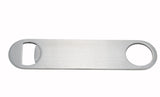 A flat, rectangular pocket bottle opener made from stainless steel with a brushed finish. It features a semicircular opening for bottles and a round hole for hanging or gripping. Simple, utilitarian, and dishwasher safe.