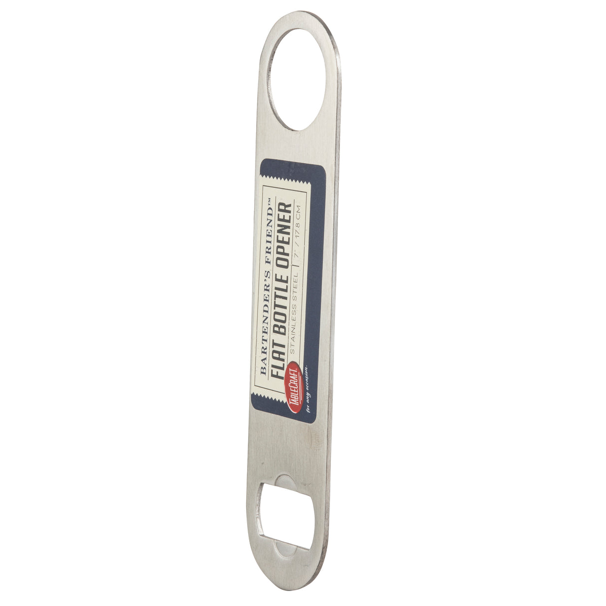 A silver stainless steel flat bottle opener with round holes at each end. One end opens bottles, while the other is for hanging or holding. Dishwasher safe, it features a label reading Bartender’s Friend Flat Bottle Opener in black and tan text.