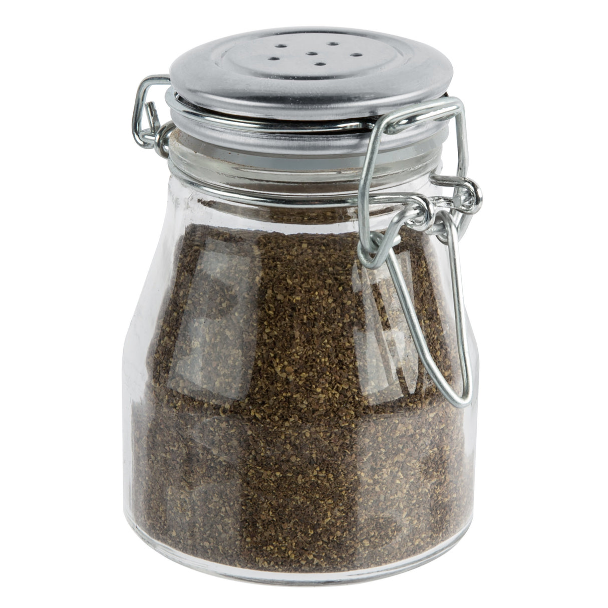 A glass jar filled with ground black pepper features a stainless steel clip top and a silver metal lid with holes for shaking, resembling classic glass shakers. The jar is set against a white background.