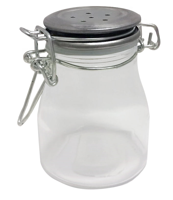 A clear glass salt shaker jar with a wide mouth, stainless steel clip top closure, and a round metal lid featuring several small holes. The empty jar sits against a white background, perfect for salt and pepper shakers collections.