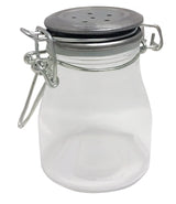 A clear glass salt shaker jar with a wide mouth, stainless steel clip top closure, and a round metal lid featuring several small holes. The empty jar sits against a white background, perfect for salt and pepper shakers collections.