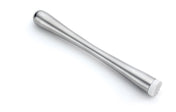 A stainless steel muddler with a sleek, slightly curved body is placed diagonally on a white background. Featuring a flat, textured white tip for muddling ingredients, this dishwasher safe muddler combines style and practicality.