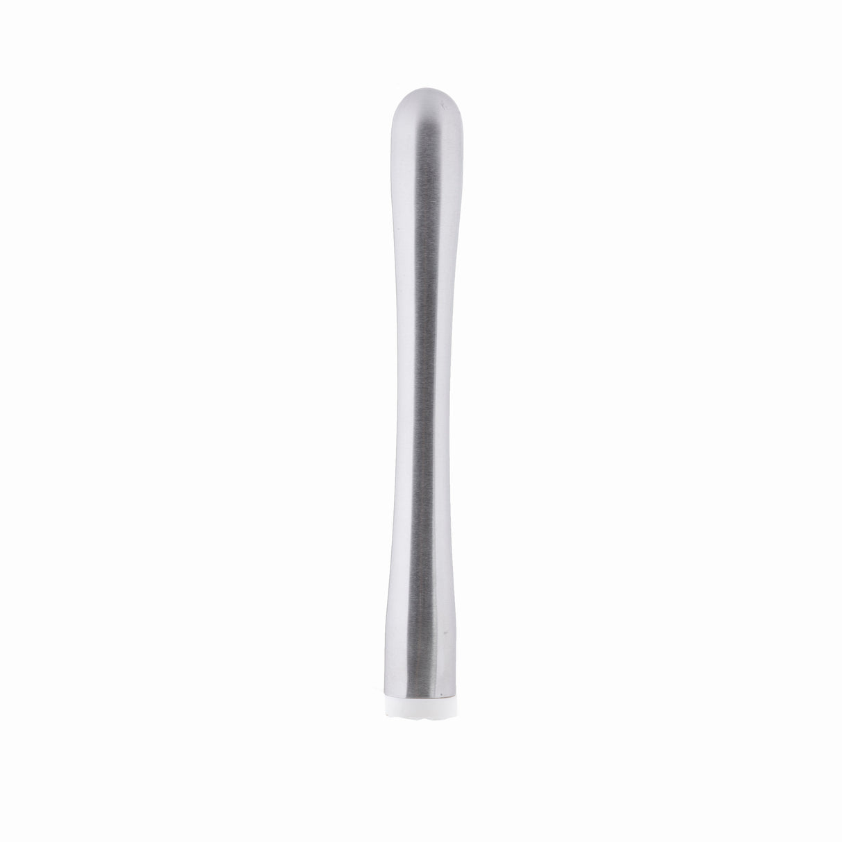 A sleek, metallic cylindrical object with a rounded top and a slightly wider base, this stainless steel muddler is silver with a smooth, brushed finish, standing upright against a plain white background.