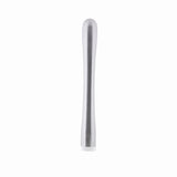 A sleek, metallic cylindrical object with a rounded top and a slightly wider base, this stainless steel muddler is silver with a smooth, brushed finish, standing upright against a plain white background.