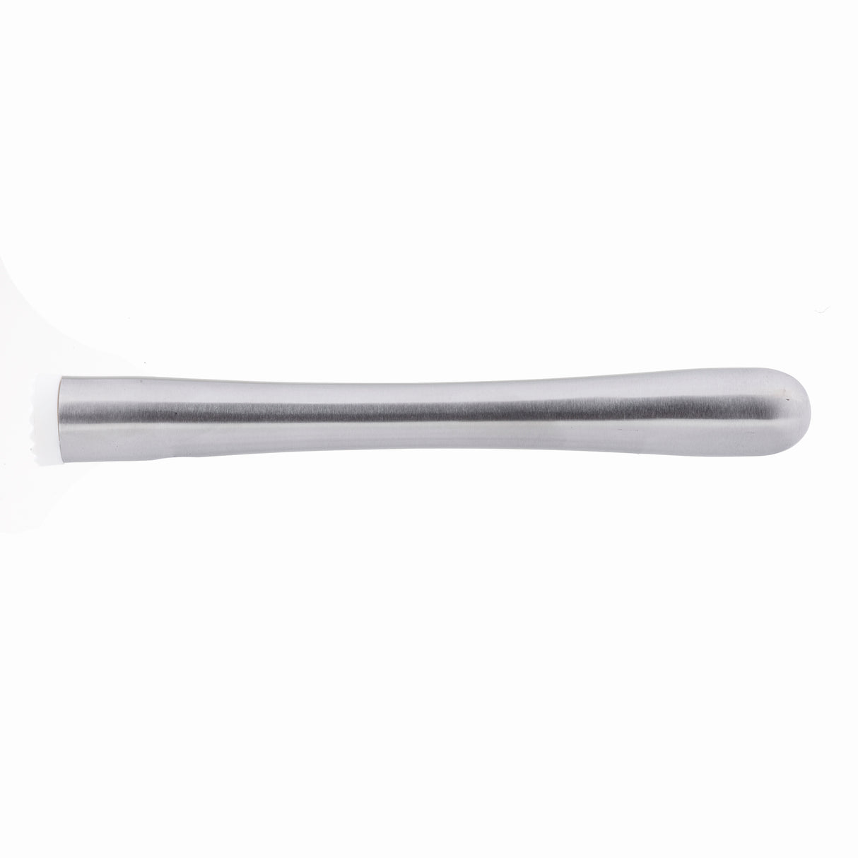 A stainless steel muddler with a smooth, ergonomic handle and a flat end featuring small, textured teeth for crushing ingredients; this dishwasher safe muddler is photographed on a white background.