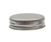 A close-up image of a stainless steel screw-on bottle cap with a ridged edge, set against a plain white background. The cap appears unused and is viewed from the side, showcasing its circular shape and smooth, reflective surface.
