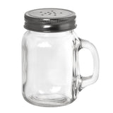 A clear glass jar, resembling a Mason salt shaker, sits upright on a plain white background. It features a sturdy handle on the right and a metal lid with multiple small holes, perfect for use as a pepper shaker.