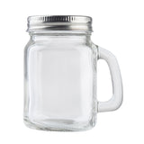 A clear glass jar mason jar with a handle on the right side and a metal screw-on lid sits upright against a white background. The empty, clean jar showcases its transparent body and simple, functional design, perfect as a Mason salt shaker or pepper shaker.