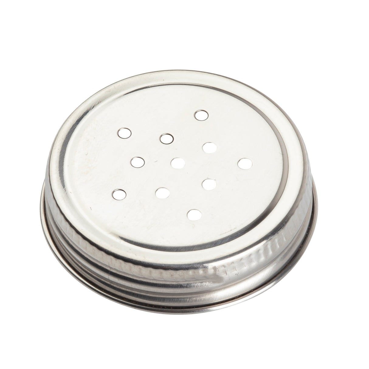 A round, silver metal shaker lid with multiple small holes arranged in a circular pattern and a threaded edge for screwing onto a Mason salt shaker or glass jar. The shiny, reflective surface adds style to any container.