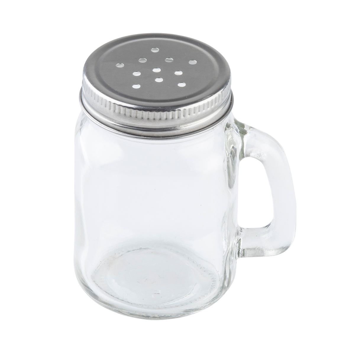 A clear glass jar salt shaker with a sturdy handle and a metal screw-on lid featuring multiple small holes. This Mason salt/pepper shaker is empty and photographed against a white background.