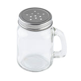 A clear glass jar salt shaker with a sturdy handle and a metal screw-on lid featuring multiple small holes. This Mason salt/pepper shaker is empty and photographed against a white background.