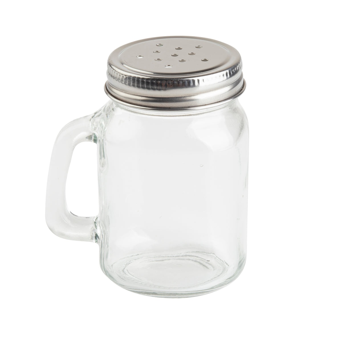 A clear glass Mason salt shaker jar with a handle and a silver metal lid featuring multiple small holes, resembling a pepper shaker. The jar is empty and set against a plain white background.