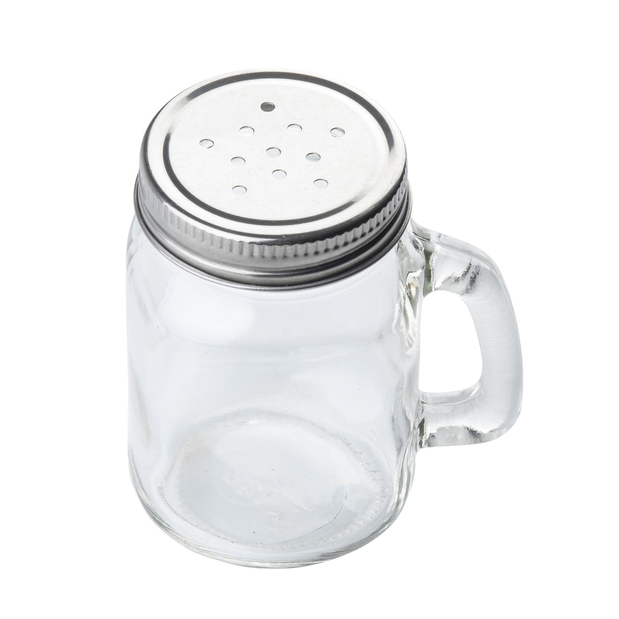 A small, clear glass jar salt shaker with a handle and a silver metal lid featuring multiple holes, resembling a Mason salt/pepper shaker, is shown isolated on a white background.