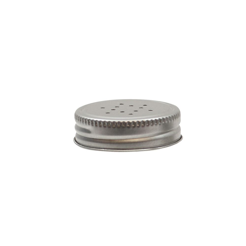 A round, stainless steel replacement top with a ridged edge and multiple small holes arranged in a pattern, typically used as a shaker lid for a jar or container, shown against a plain white background. Model: H475S&P.
