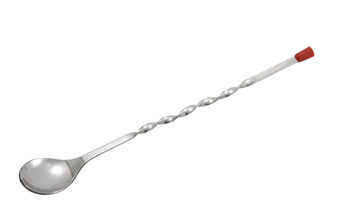 A stainless steel bar spoon with a twisted handle, round spoon bowl on one end, and a red rubber cap on the other, isolated on a white background. This elegant bar tool is dishwasher safe.