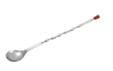 A stainless steel bar spoon with a twisted handle, round spoon bowl on one end, and a red rubber cap on the other, isolated on a white background. This elegant bar tool is dishwasher safe.