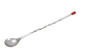 A stainless steel bar spoon with a twisted handle, round spoon bowl on one end, and a red rubber cap on the other, isolated on a white background. This elegant bar tool is dishwasher safe.