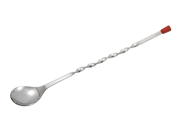 A stainless steel bar spoon with a twisted handle, round spoon bowl on one end, and a red rubber cap on the other, isolated on a white background. This elegant bar tool is dishwasher safe.