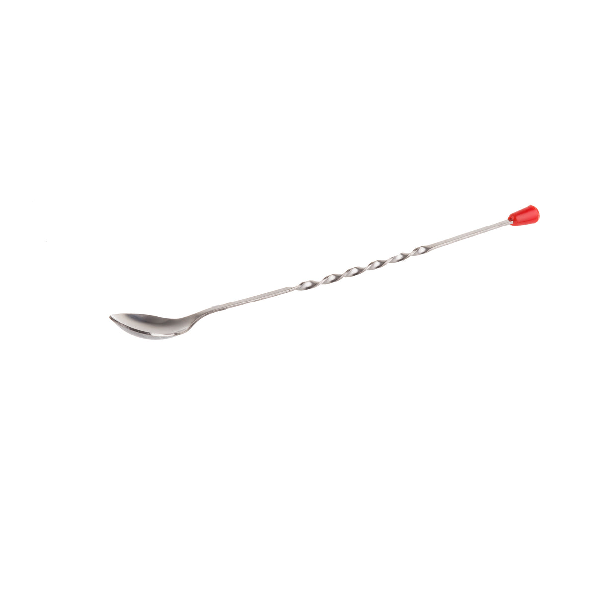 A stainless steel bar spoon with a twisted handle and a small red cap at the end rests on a white background. Its slightly oval-shaped bowl and dishwasher safe design make it perfect for mixing drinks.