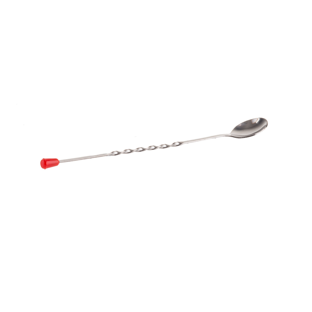 A stainless steel bar spoon with a twisted handle and small oval bowl. The opposite end features a red plastic cap. Dishwasher safe, this spoon is isolated on a white background.