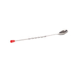 A stainless steel bar spoon with a twisted handle and small oval bowl. The opposite end features a red plastic cap. Dishwasher safe, this spoon is isolated on a white background.