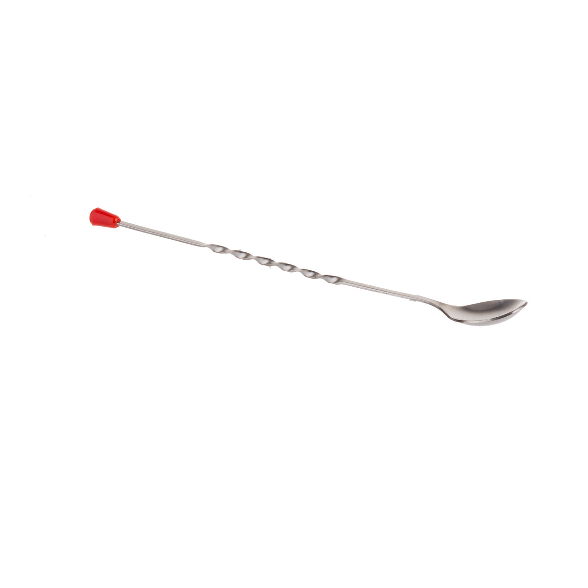 A stainless steel bar spoon with a twisted handle, a small red cap at one end, and a rounded spoon at the other, isolated on a white background. Dishwasher safe for easy cleaning.