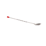 A stainless steel bar spoon with a twisted handle, a small red cap at one end, and a rounded spoon at the other, isolated on a white background. Dishwasher safe for easy cleaning.