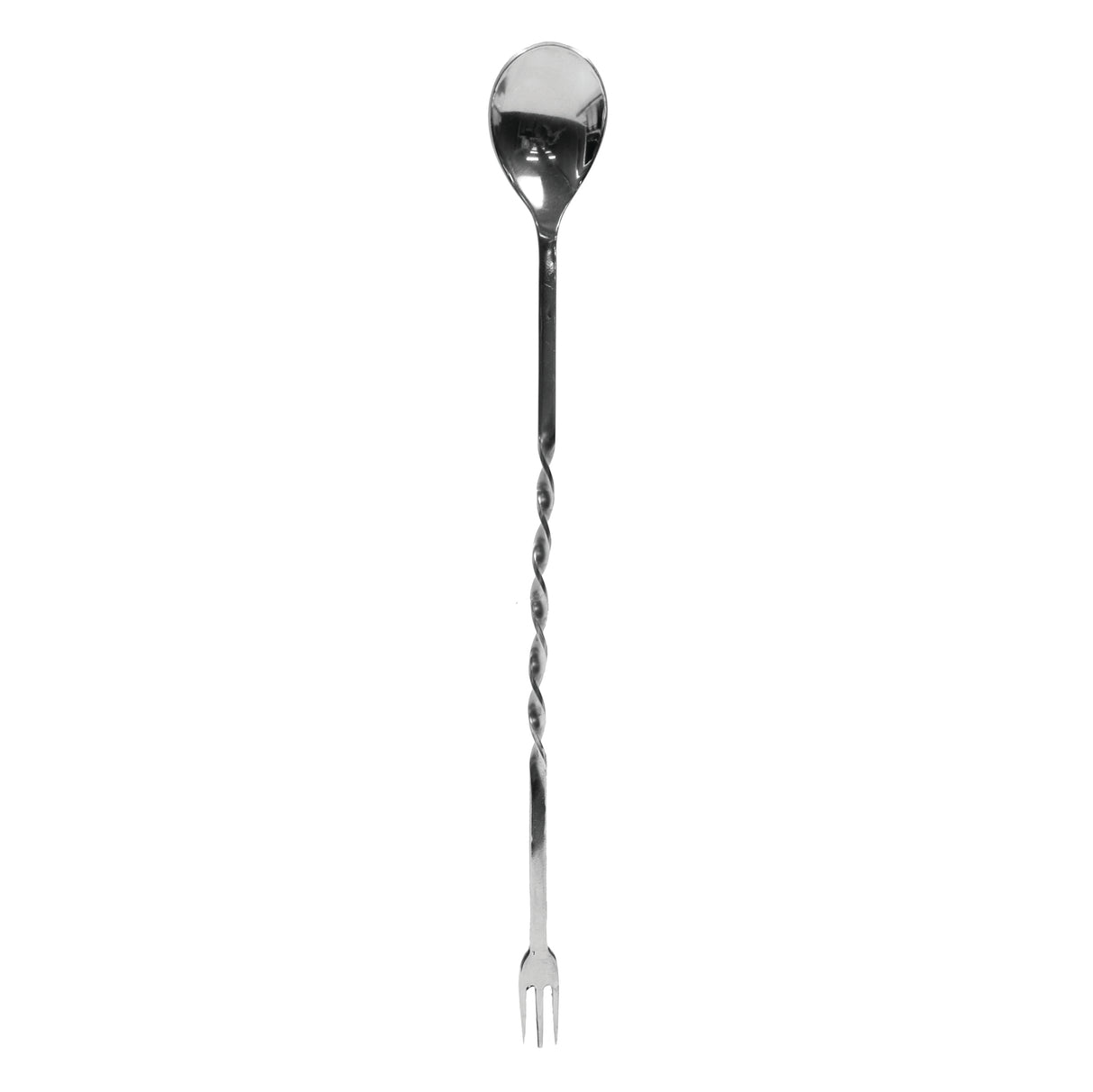 A long, stainless steel bar mixing spoon with a round spoon on one end, a twisted handle in the middle, and a small fork on the opposite end, dishwasher safe and isolated on a white background.