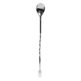 A long, stainless steel bar mixing spoon with a round spoon on one end, a twisted handle in the middle, and a small fork on the opposite end, dishwasher safe and isolated on a white background.