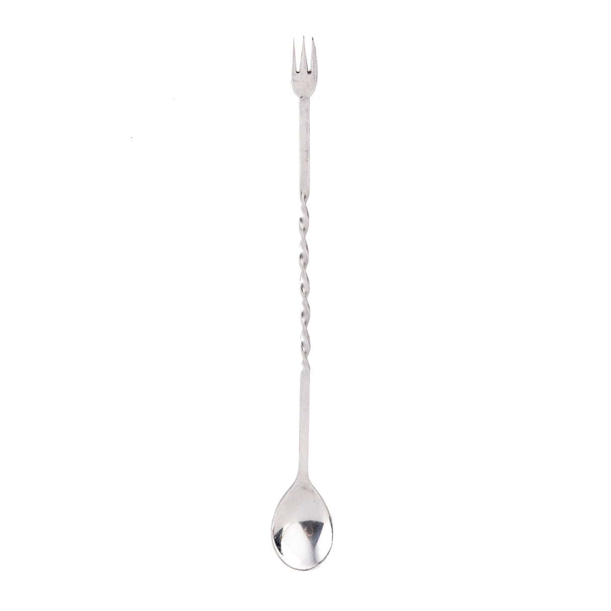 A stainless steel bar mixing spoon featuring a small spoon on one end and a three-pronged fork on the other. The twisted handle adds style, and the utensil is photographed against a plain white background.