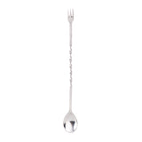 A stainless steel bar mixing spoon featuring a small spoon on one end and a three-pronged fork on the other. The twisted handle adds style, and the utensil is photographed against a plain white background.