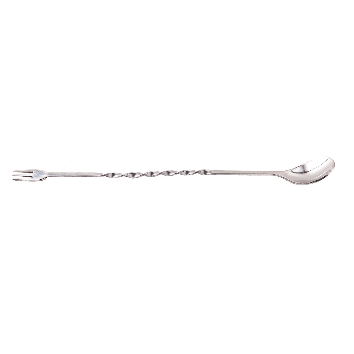 A long stainless steel bar mixing spoon featuring a small fork on one end, a twisted handle in the middle, and a rounded spoon on the other, isolated on a white background. Dishwasher safe for easy cleaning.
