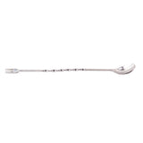 A long stainless steel bar mixing spoon featuring a small fork on one end, a twisted handle in the middle, and a rounded spoon on the other, isolated on a white background. Dishwasher safe for easy cleaning.
