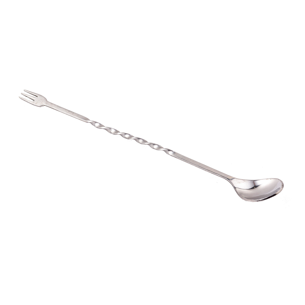 A stainless steel bar mixing spoon with a small fork on one end and a shallow spoon on the other; its handle features a twisted spiral design. The utensil is set against a white background.