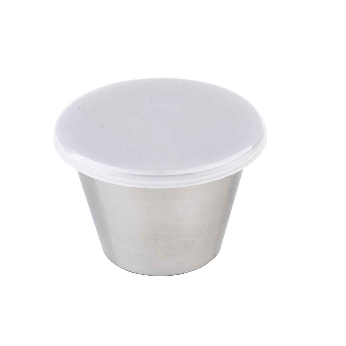 A small, silver TableCraft ramekin with straight sides and a slightly wider top, covered by a white, opaque plastic lid. The 2-1/2 oz ramekin is set against a plain white background.