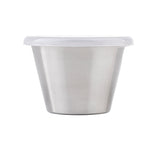 A small, tapered stainless steel ramekin with a flat, clear plastic lid. This 2-1/2 oz ramekin features a smooth metallic finish and is photographed against a plain white background.