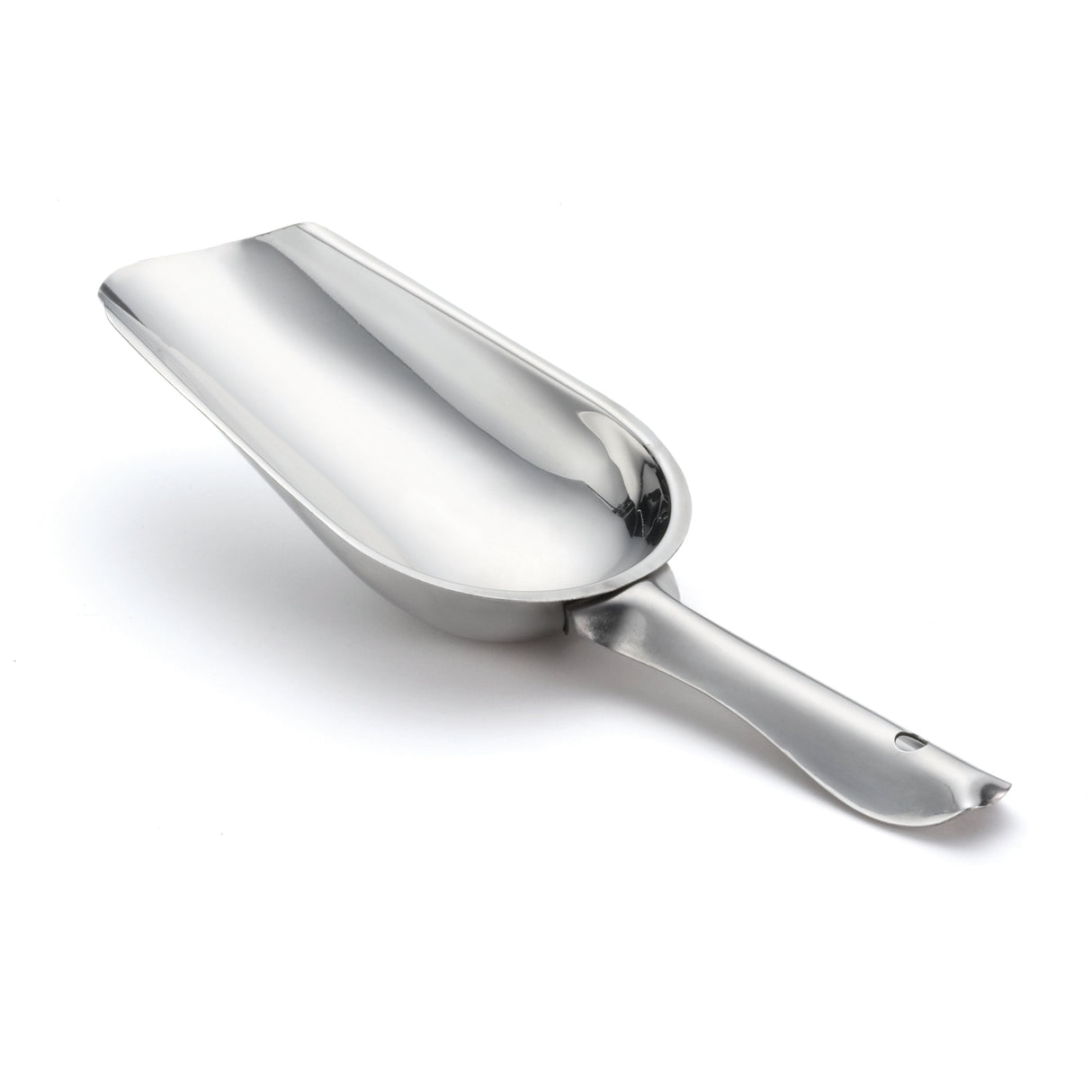 A shiny stainless steel ice scoop with a deep, rounded bowl and a flat handle, slightly curved upward at the end. The scoop is positioned on a white background, angled so the bowl and handle are both clearly visible.