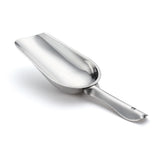 A shiny stainless steel ice scoop with a deep, rounded bowl and a flat handle, slightly curved upward at the end. The scoop is positioned on a white background, angled so the bowl and handle are both clearly visible.