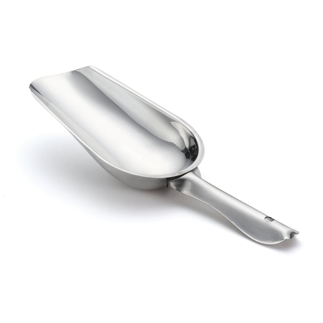A shiny stainless steel ice scoop with a deep, rounded bowl and a flat handle, slightly curved upward at the end. The scoop is positioned on a white background, angled so the bowl and handle are both clearly visible.