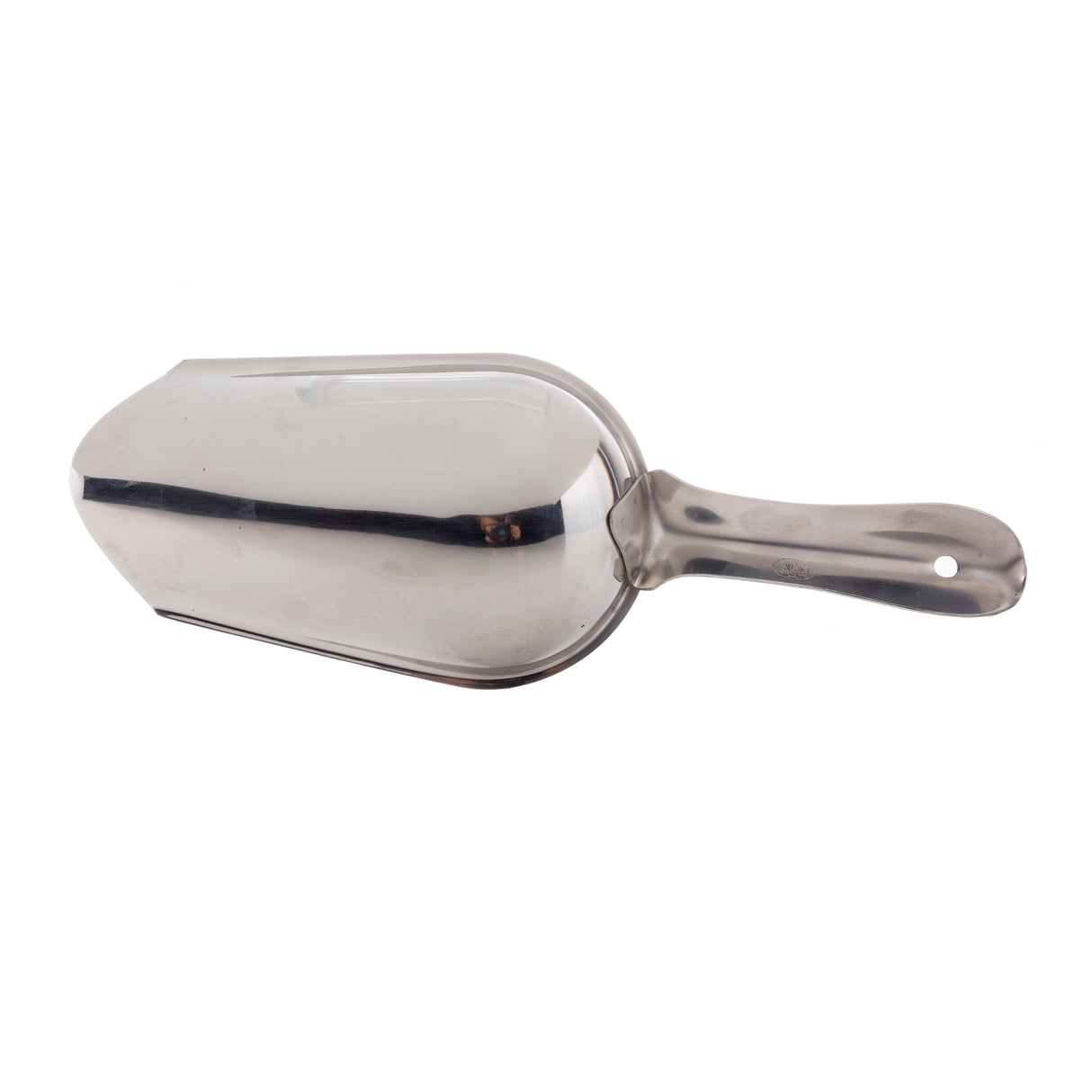 A shiny stainless steel ice scoop with a wide, deep bowl and sturdy handle, shown against a white background. The handle has a hole for hanging, and the scoop is dishwasher safe—perfect for serving bulk foods like flour, sugar, or ice.