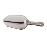 A shiny stainless steel ice scoop with a wide, deep bowl and sturdy handle, shown against a white background. The handle has a hole for hanging, and the scoop is dishwasher safe—perfect for serving bulk foods like flour, sugar, or ice.