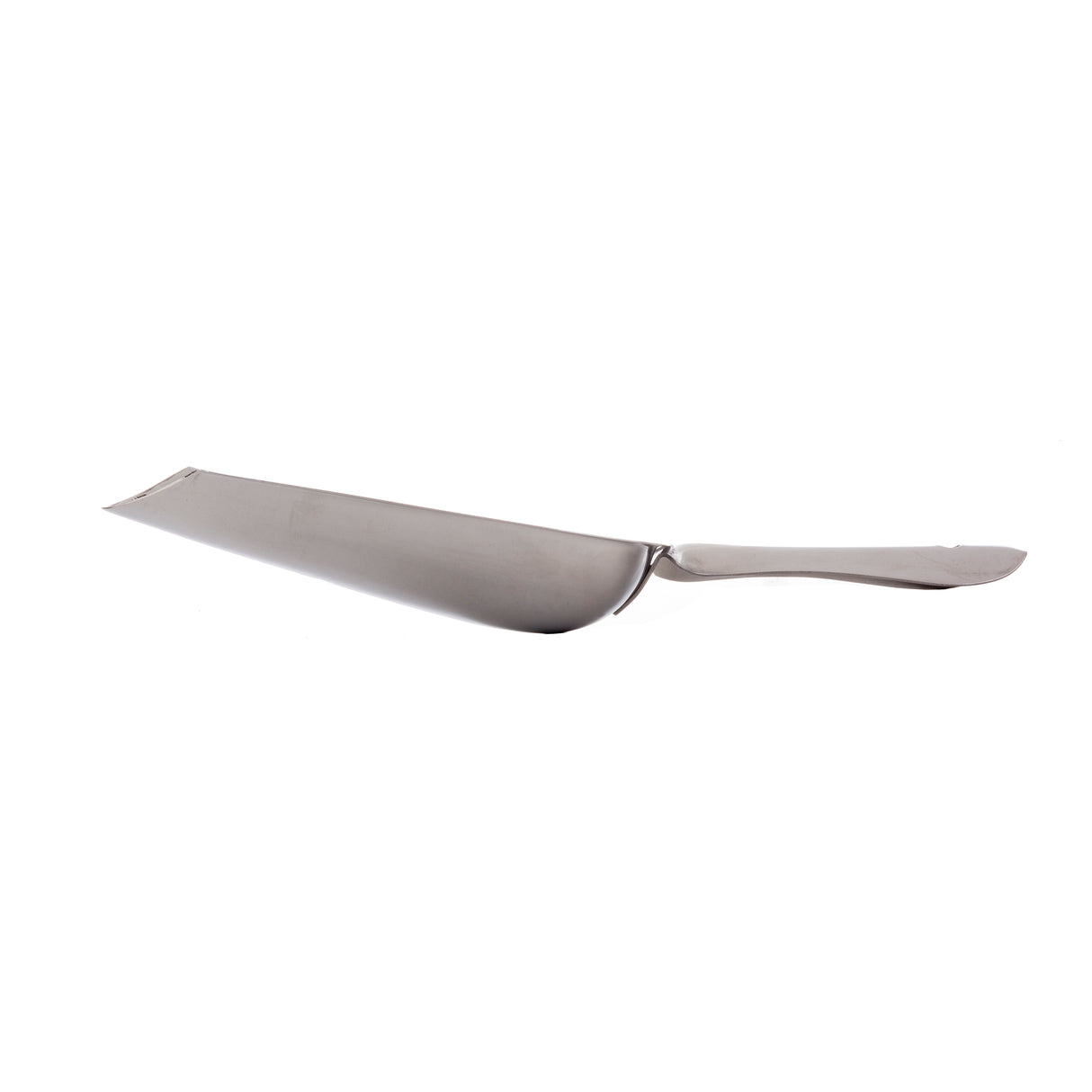 A stainless steel pie server with a wide, flat, triangular blade and a slightly curved, ergonomic handle, isolated on a white background. This dishwasher safe utensil is designed for lifting and serving slices of pie or cake.