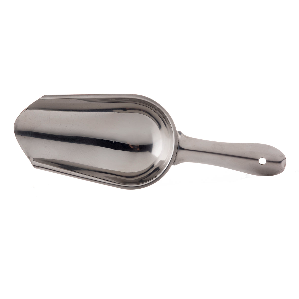 A shiny stainless steel ice scoop with a rounded, deep bowl and a flat handle, featuring a small hole near the end for hanging. The scoop is photographed against a plain white background.