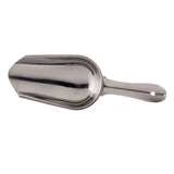 A shiny stainless steel ice scoop with a rounded, deep bowl and a flat handle, featuring a small hole near the end for hanging. The scoop is photographed against a plain white background.