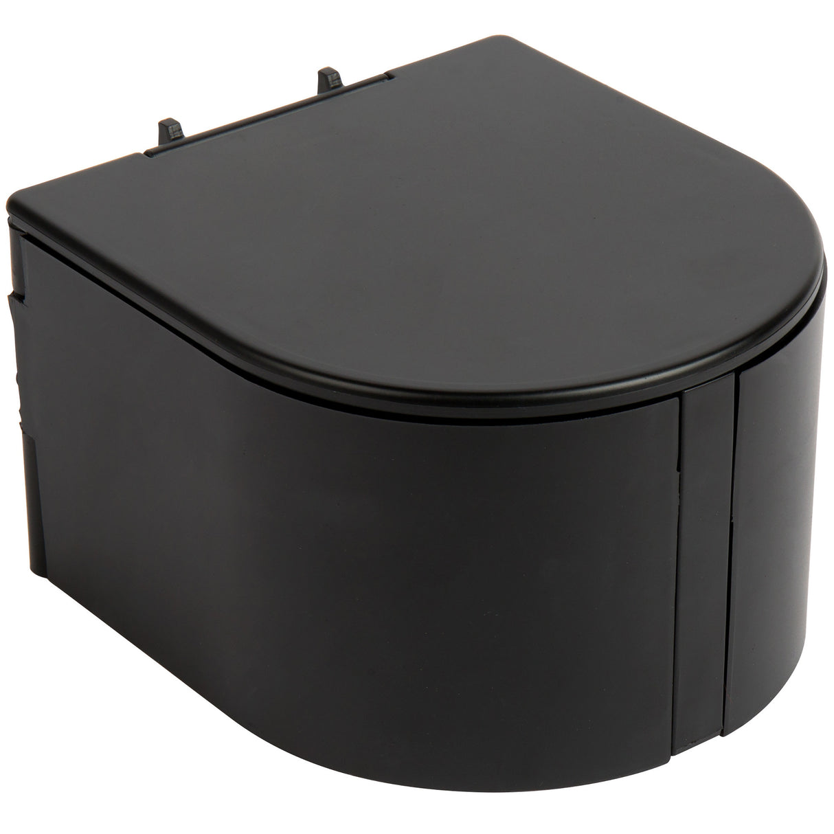 A black, rectangular plastic container with a curved front and hinged lid, ideal as a glass rimmer. It features smooth, straight sides and two small mounting tabs on the back edge for easy attachment.