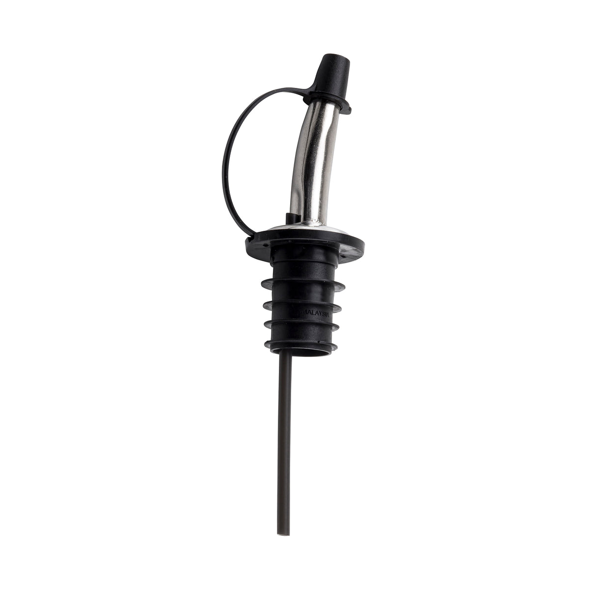 A stainless steel pourer with a tapered spout, black rubber ribbed base for sealing, and a black tethered cap attached by a small loop. The angled spout allows easy pouring, making it ideal for Cash & Carry Pourers. Background is plain white.