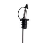 A stainless steel pourer with a tapered spout, black rubber ribbed base for sealing, and a black tethered cap attached by a small loop. The angled spout allows easy pouring, making it ideal for Cash & Carry Pourers. Background is plain white.